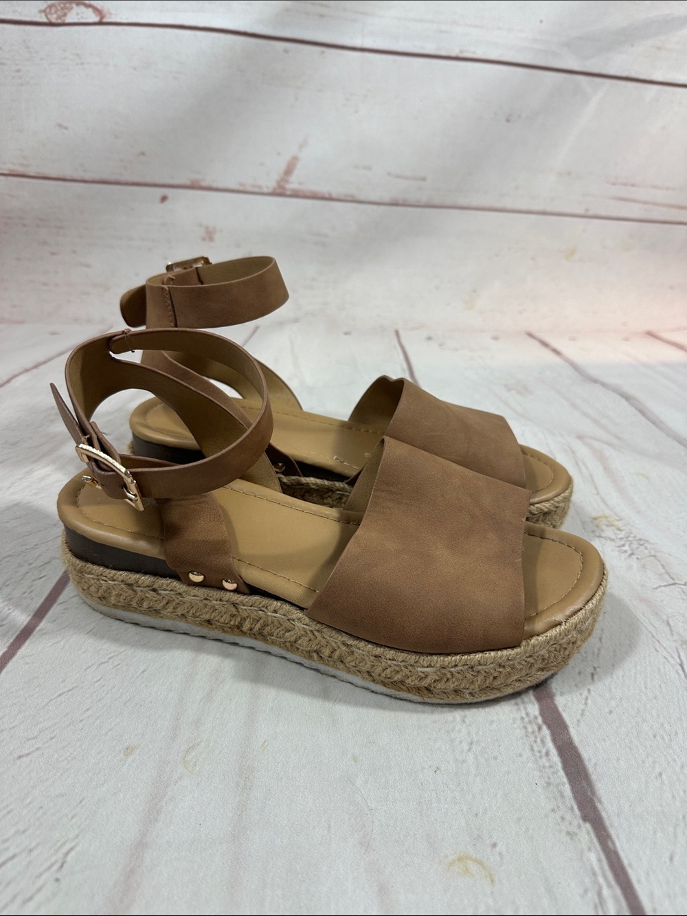 Top Moda Women's Tan Espadrille Platform Sandals with Ankle Strap 8.5